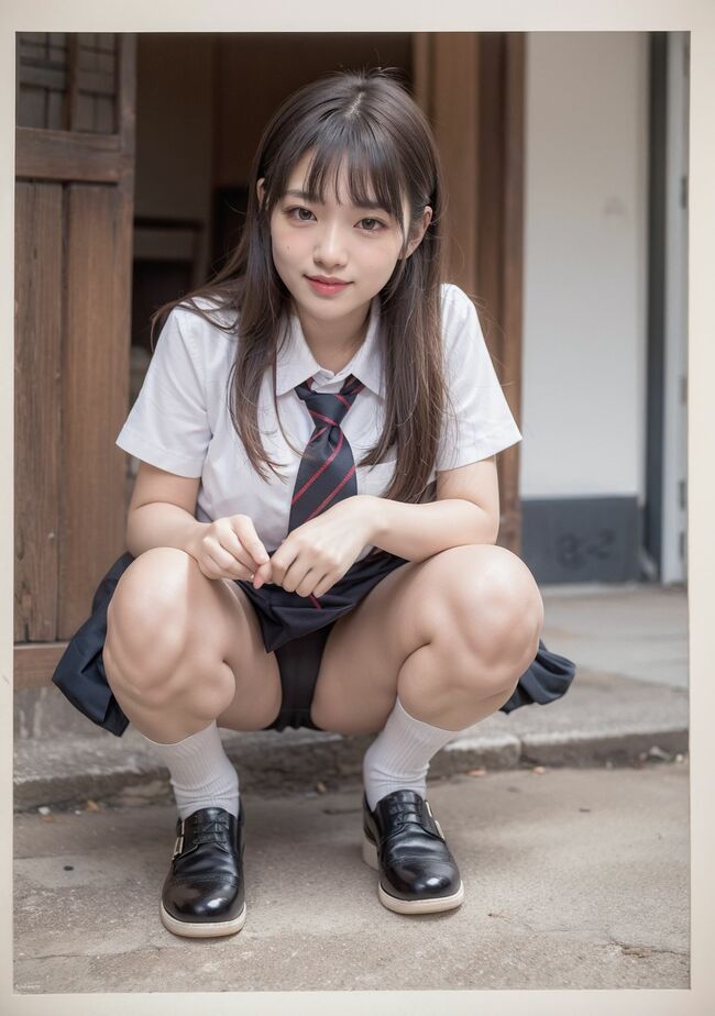 JKしゃがみパンチラAIエロ画像76枚 健康的な太ももとふくらはぎも楽しめるパンチラ生成してみたのサムネイル