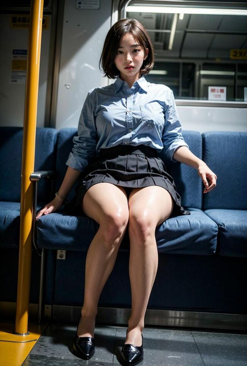 電車対面パンチラAIエロ画像 正面に座ったミニスカ女性の三角チラ生成してみたのサムネイル